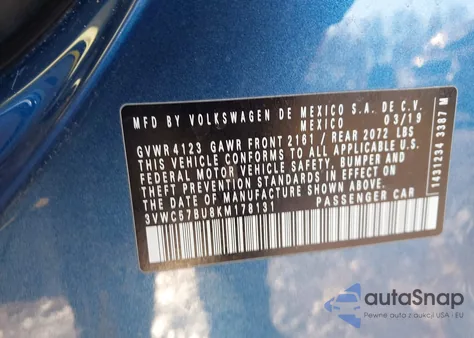 2019 Volkswagen Jetta 1.4T R-Line/1.4T S/1.4T Se z USA, uszkodzony, nr VIN 3VWC57BU8KM178131